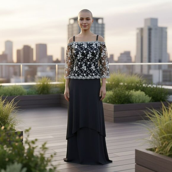 Davids Bridal Dress Black and White Floral Formal Long Mother Prom Size 6 JJ1677 - Picture 8 of 16